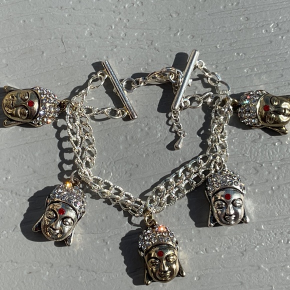 Buddha necklace earrings bracelet set new silvertone goldtone red crystal - Picture 7 of 11